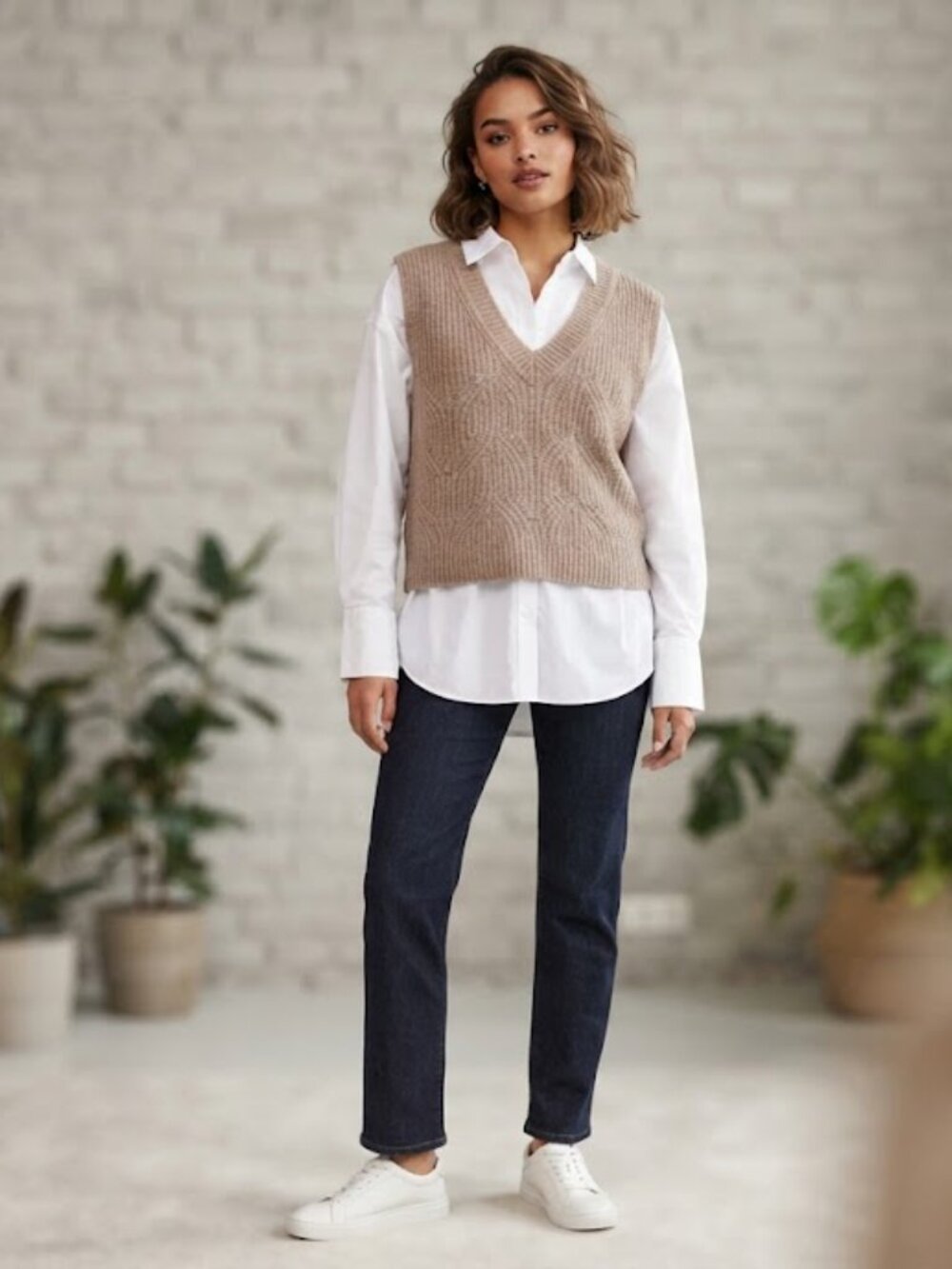 NWT ONLY Gila Brown Melange Pointelle Cable Knit V-Neck Sweater Vest Medium